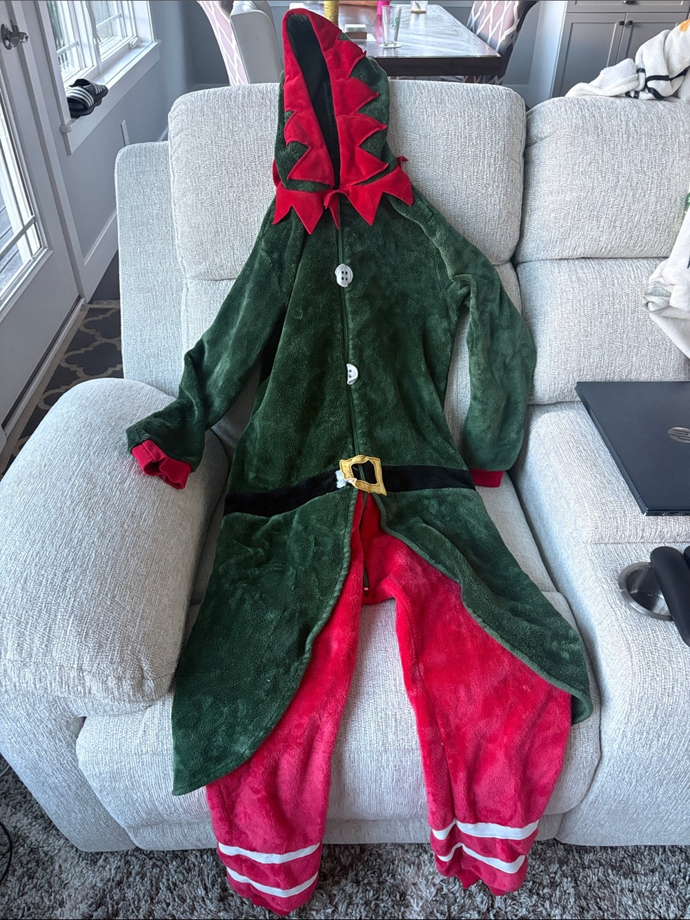 Kids or Small Adult Elf Costume or Pajama Hooded One-Piece - Green & Red